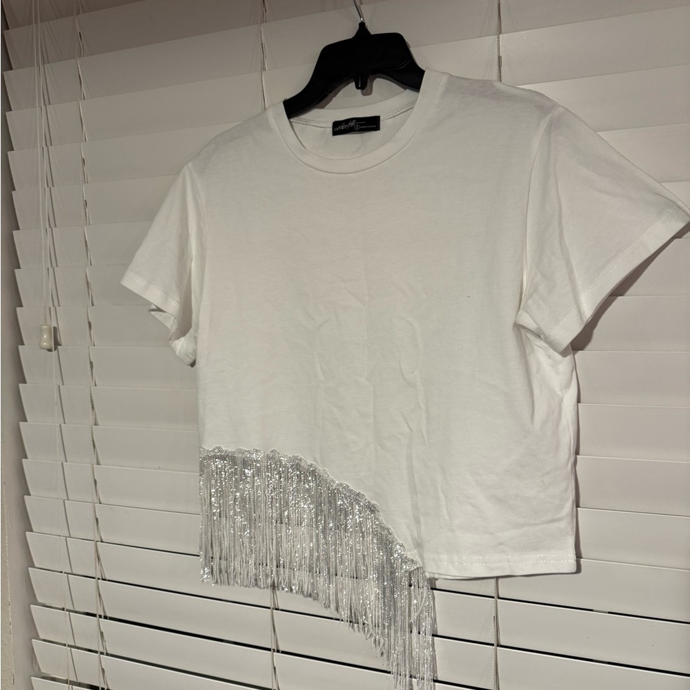 Whiskey Darling Boutique White T-Shirt with Silver Fringe